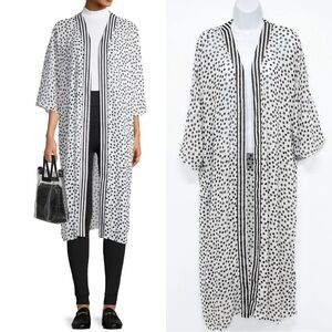 Stripe Polka Dot Print Sheer Long Open Kimono Blouse Top Duster Large XL